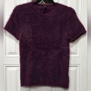 Vintage 80s C&A dark purple short sleeve fuzzy eyelash sweater women's M…